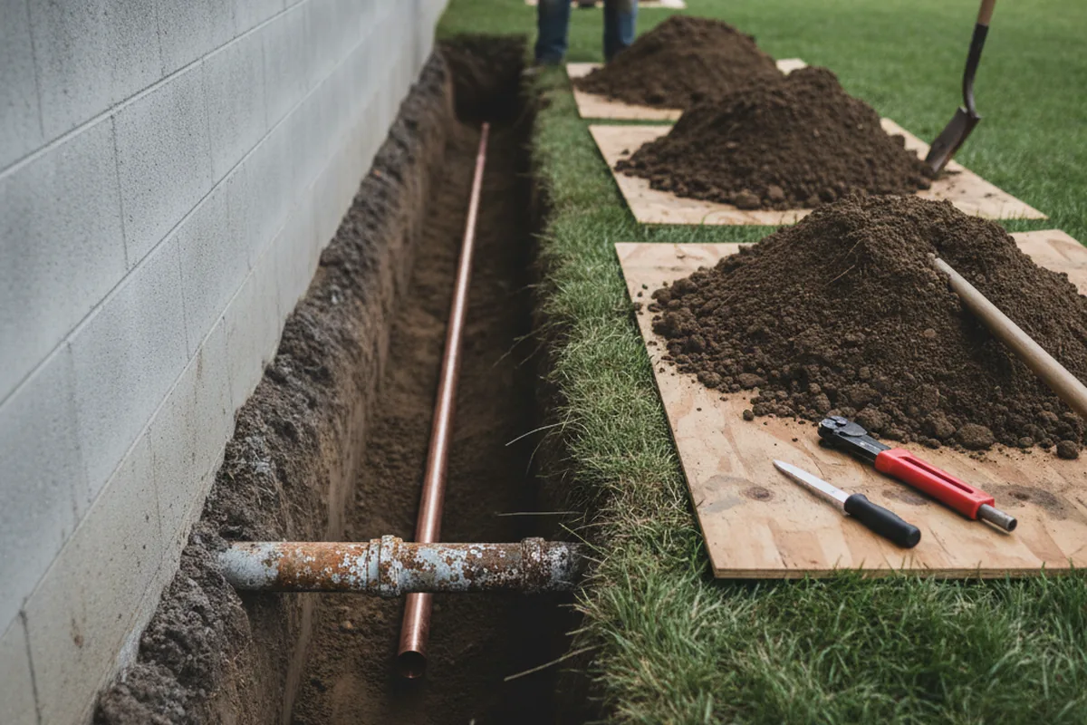 Excavated water line trench during Water Softener Installation in Worden
